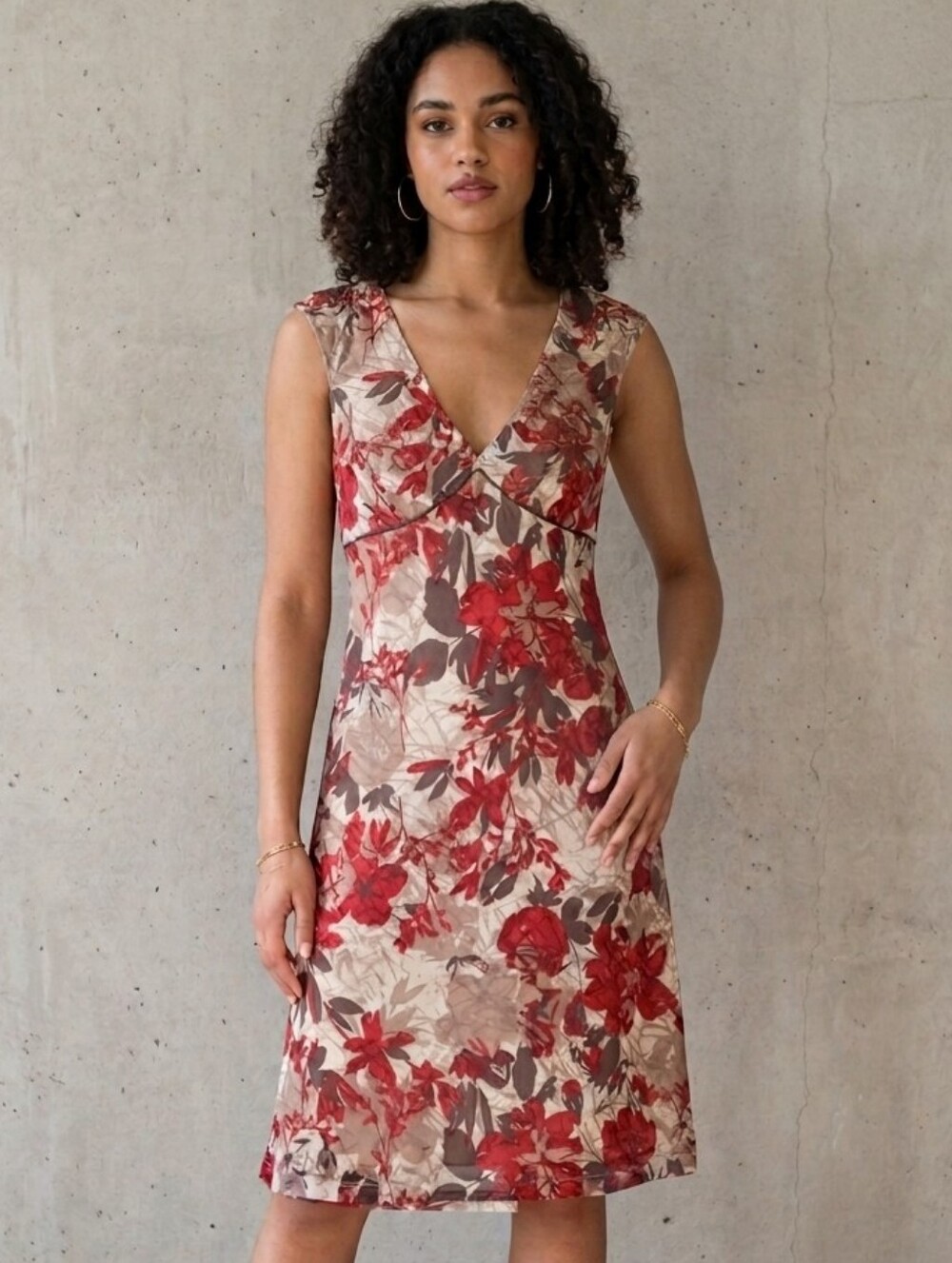 Mexx Y2K Fairy Festival Red Tan Floral V-Neck Sleeveless Midi Slip Dress Size M